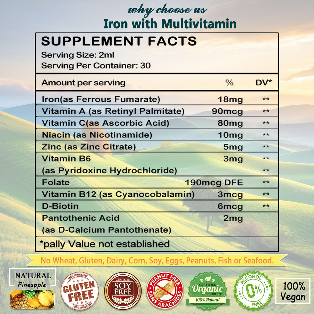 AMENQ hHEALTH vegan iron drops free from common allergens and gluten.