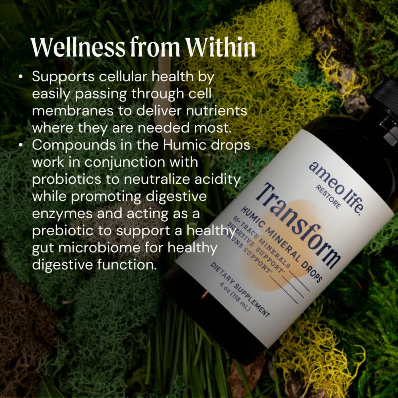 Ameo Life Humic & Fulvic Mineral Drops label detail highlighting purity and sourcing.