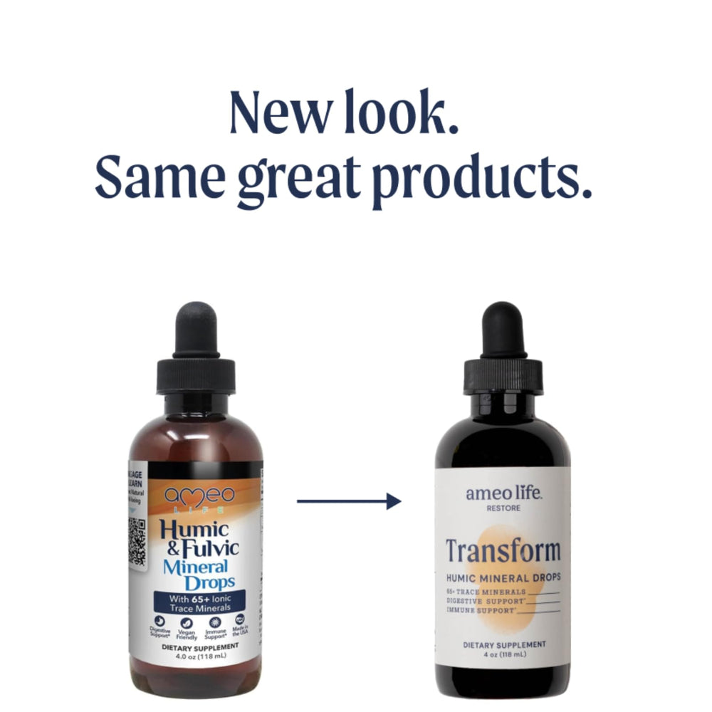 Ameo Life Humic & Fulvic Mineral Drops in packaging signaling quality and minerals.