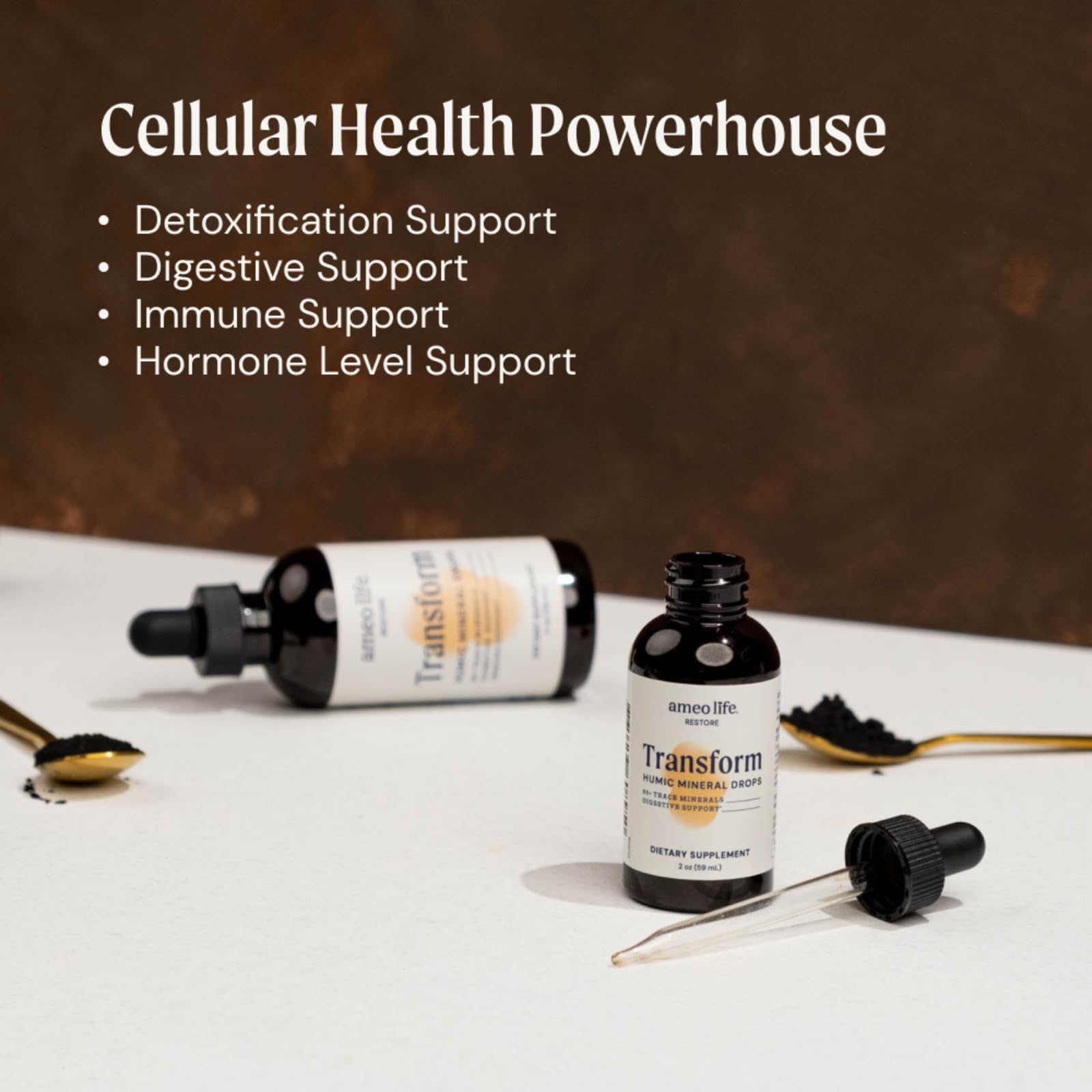 Ameo Life Humic & Fulvic Mineral Drops being poured for easy daily mixing.
