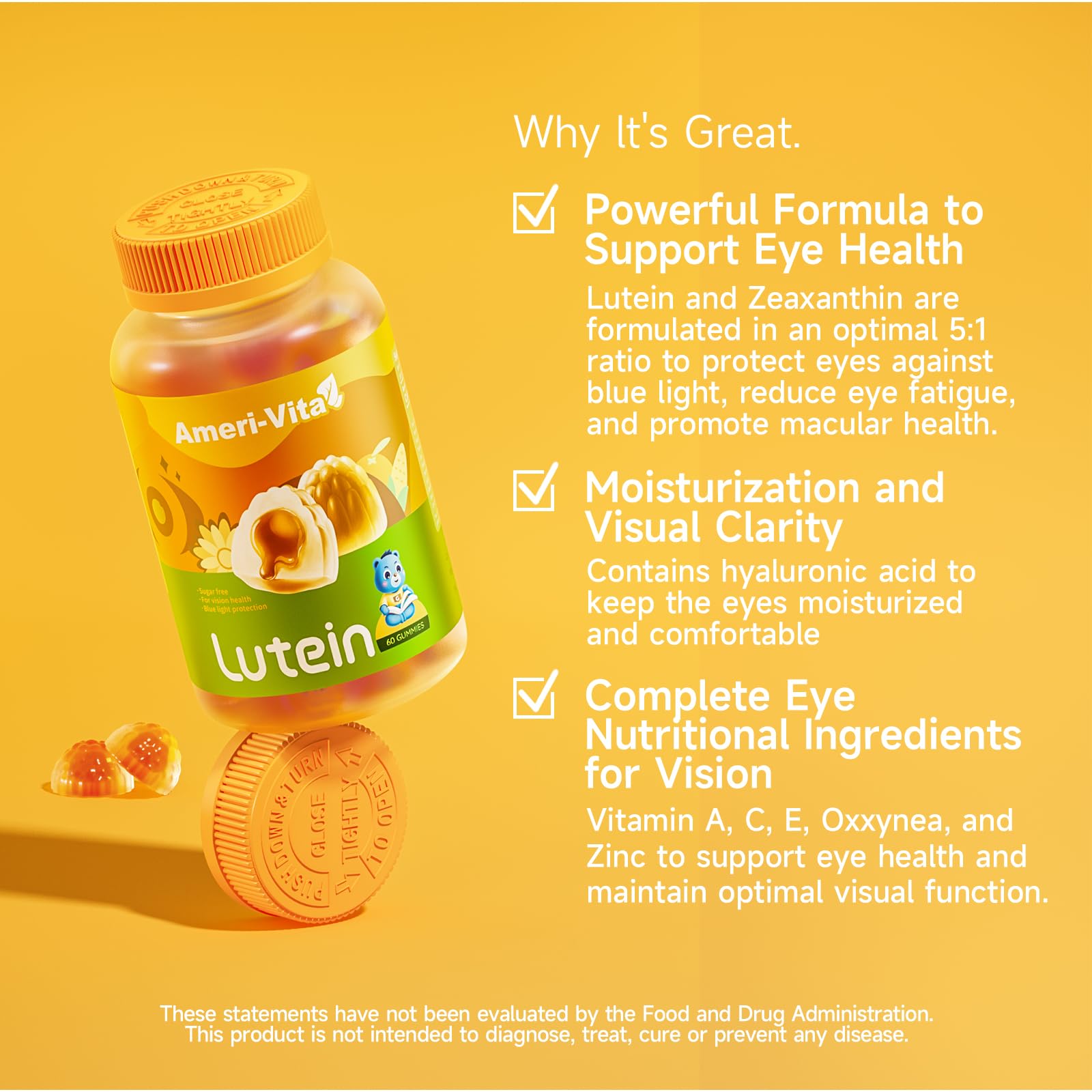 Ameri-Vita lutein gummies orange flavor highlight daily eye support