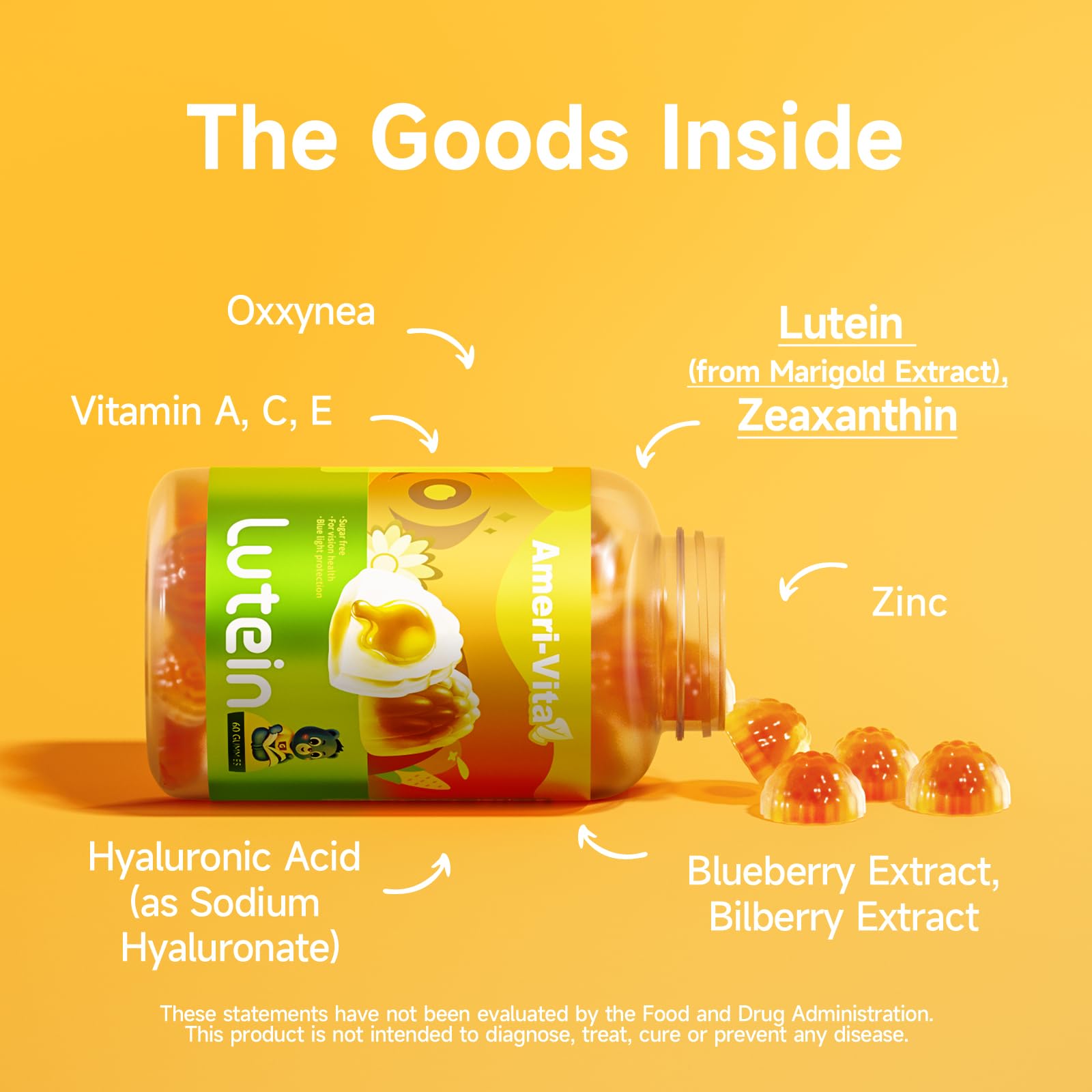 Ameri-Vita sugar-free lutein gummies closeup shows orange flavor and texture