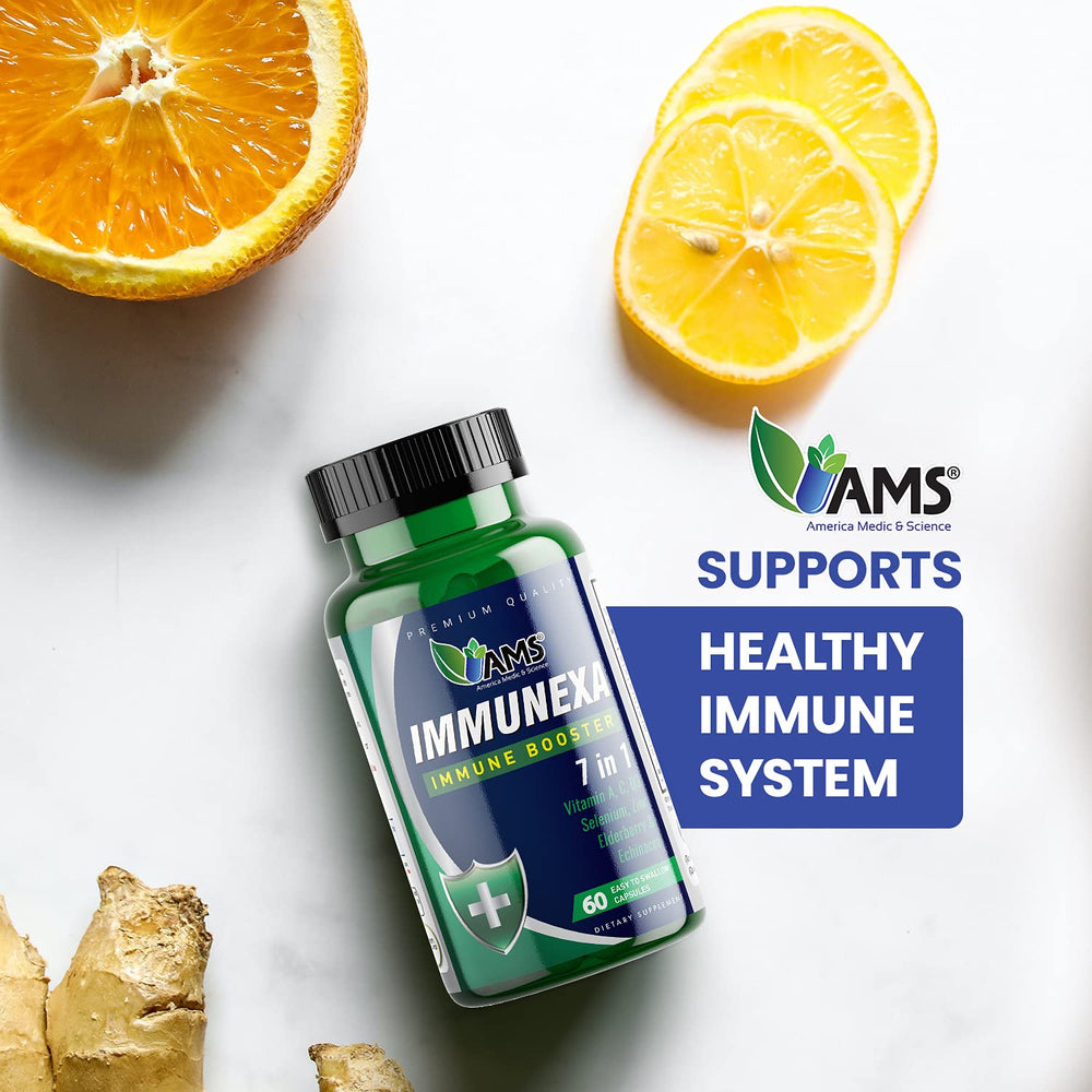 America Medic and Science Immunexa capsules close-up highlighting the 7-in-1 formula.