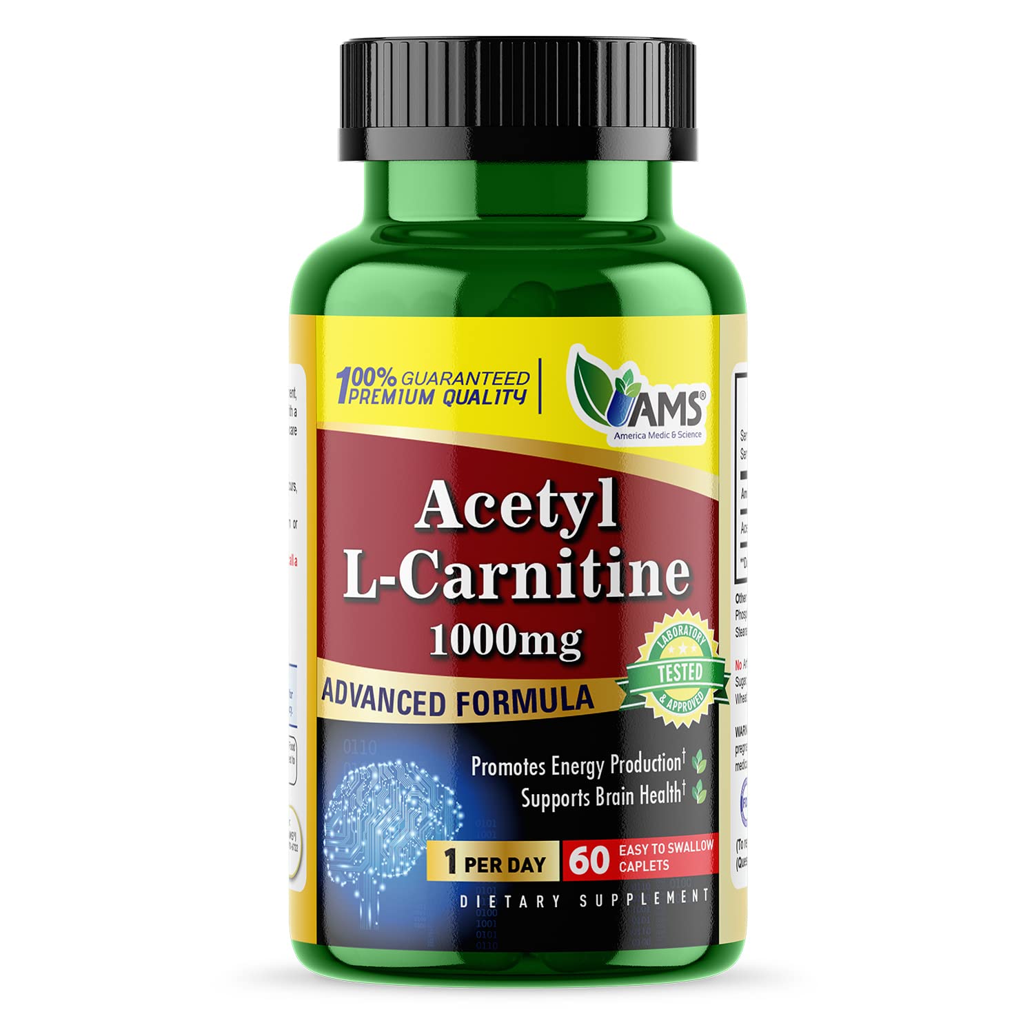 America Medic & Science Acetyl L-Carnitine 1000mg bottle for steady energy support throughout the day