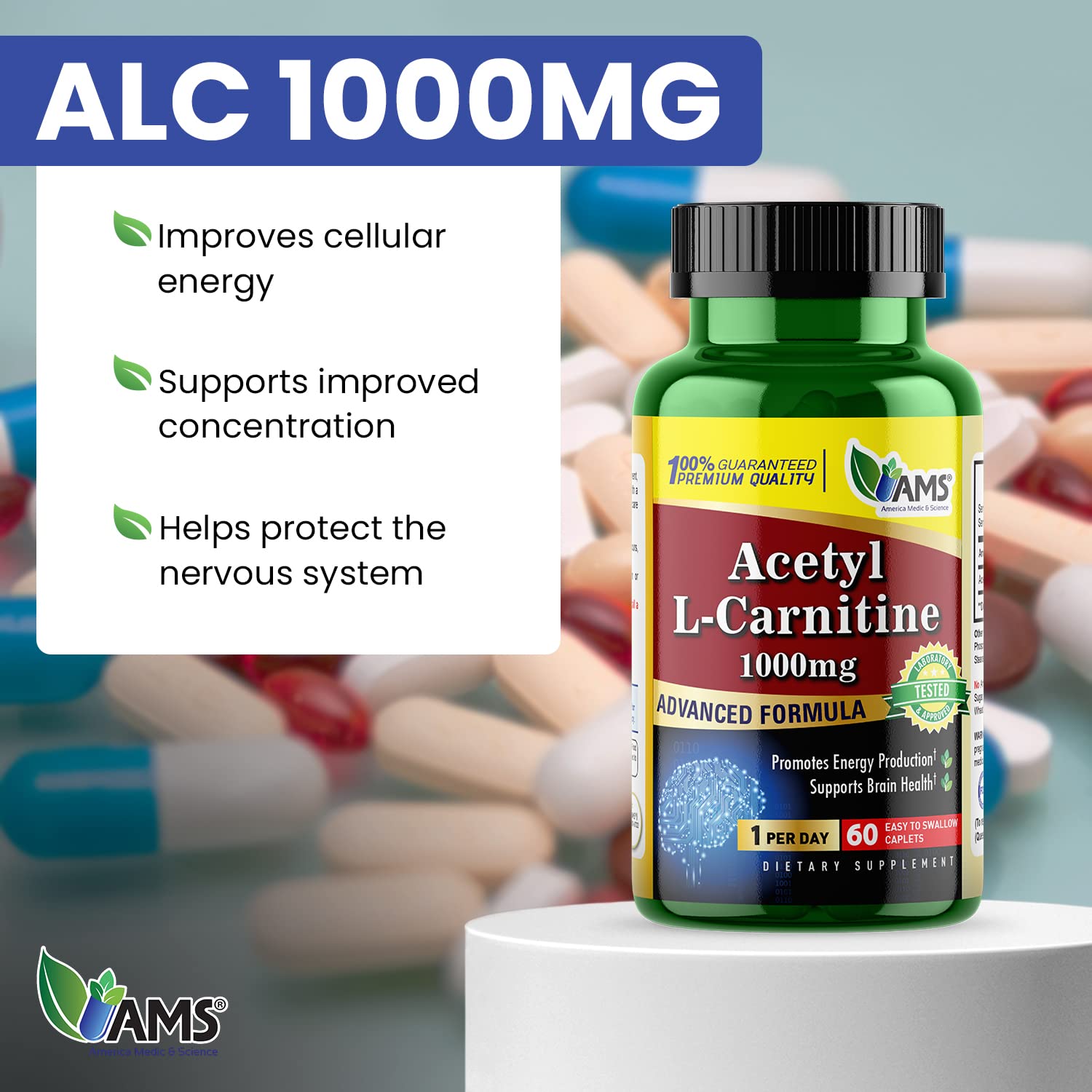 America Medic & Science Acetyl L-Carnitine 1000mg capsules closeup may support focus and cognitive clarity