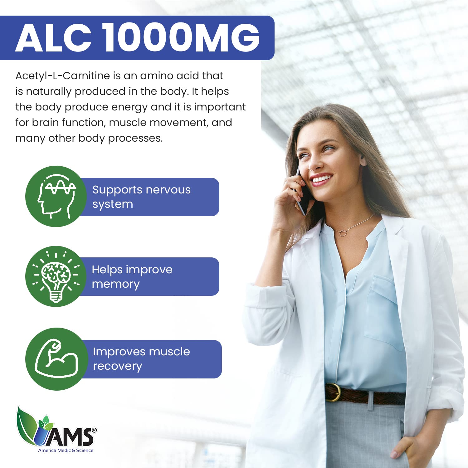 America Medic & Science Acetyl L-Carnitine 1000mg daily-dose on desk easy routine for wellness