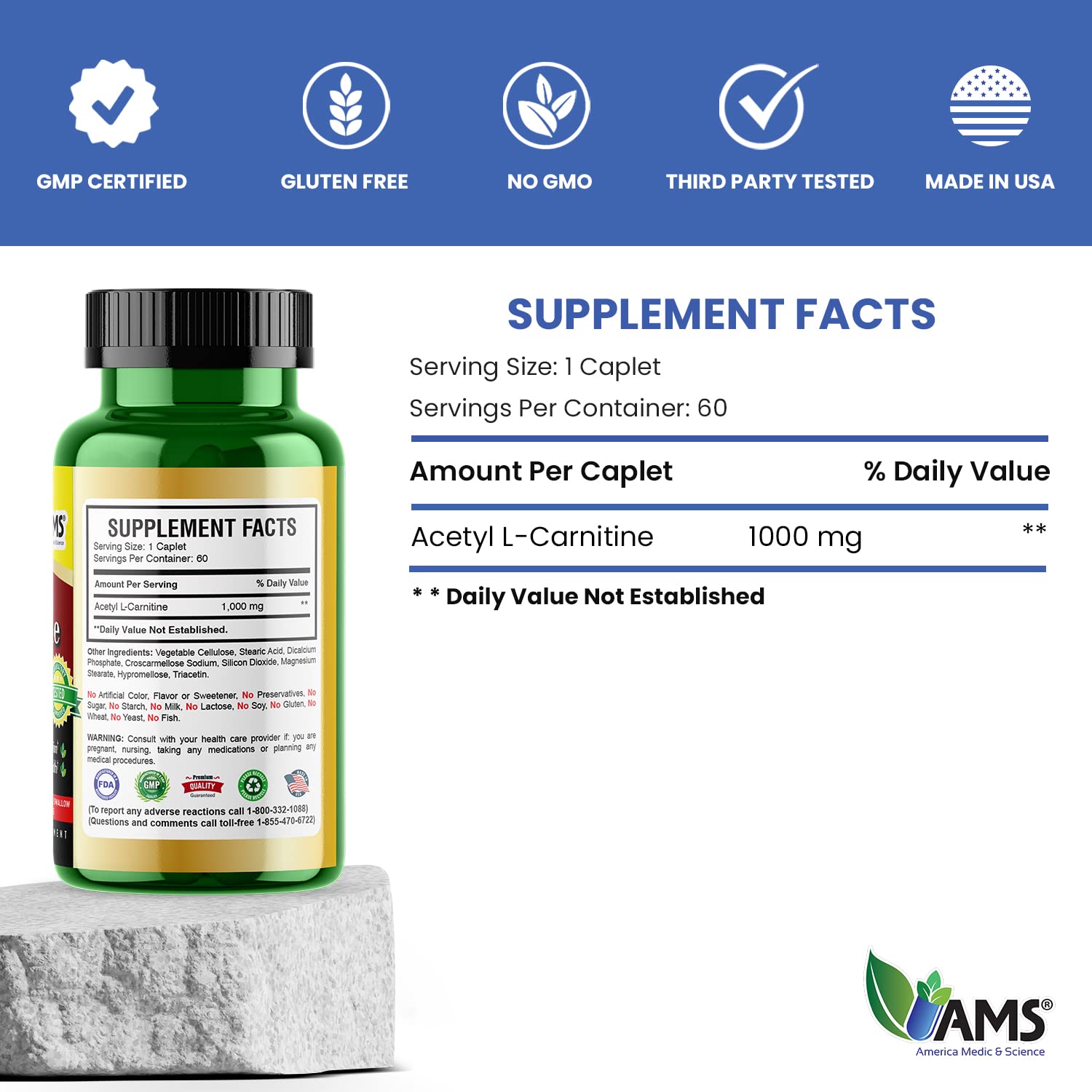 America Medic & Science Acetyl L-Carnitine 1000mg label info transparent ingredients and suggested use