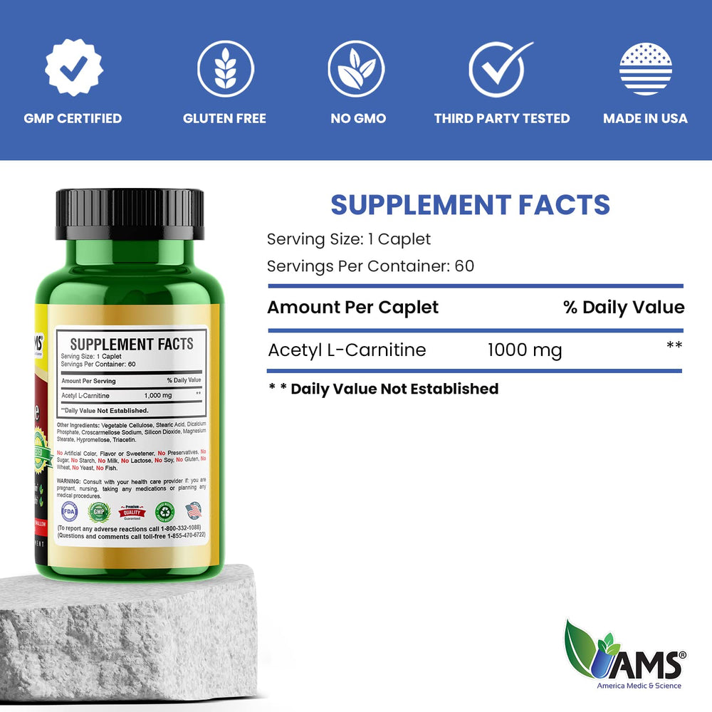 America Medic & Science Acetyl L-Carnitine 1000mg label info transparent ingredients and suggested use
