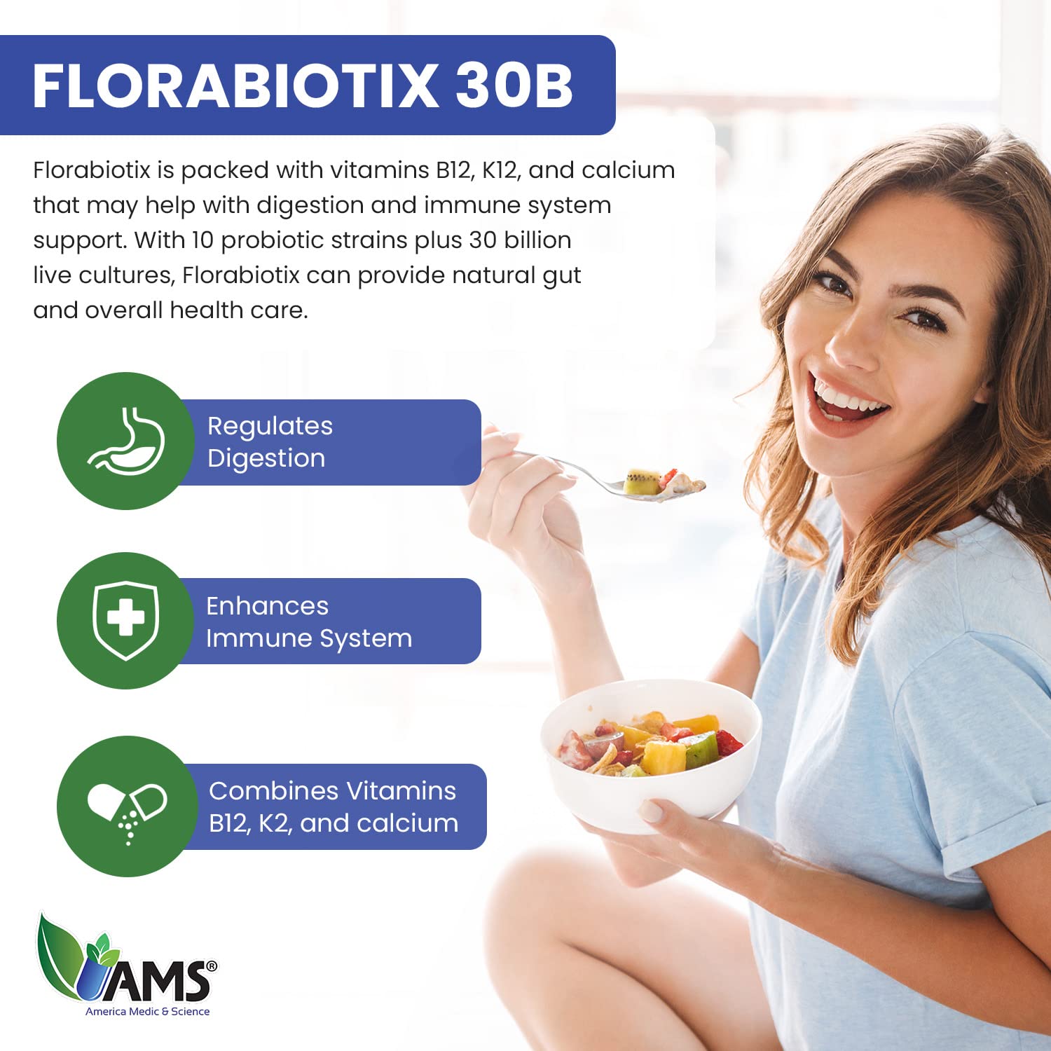 America Medic & Science Florabiotix label close-up highlighting probiotic strains