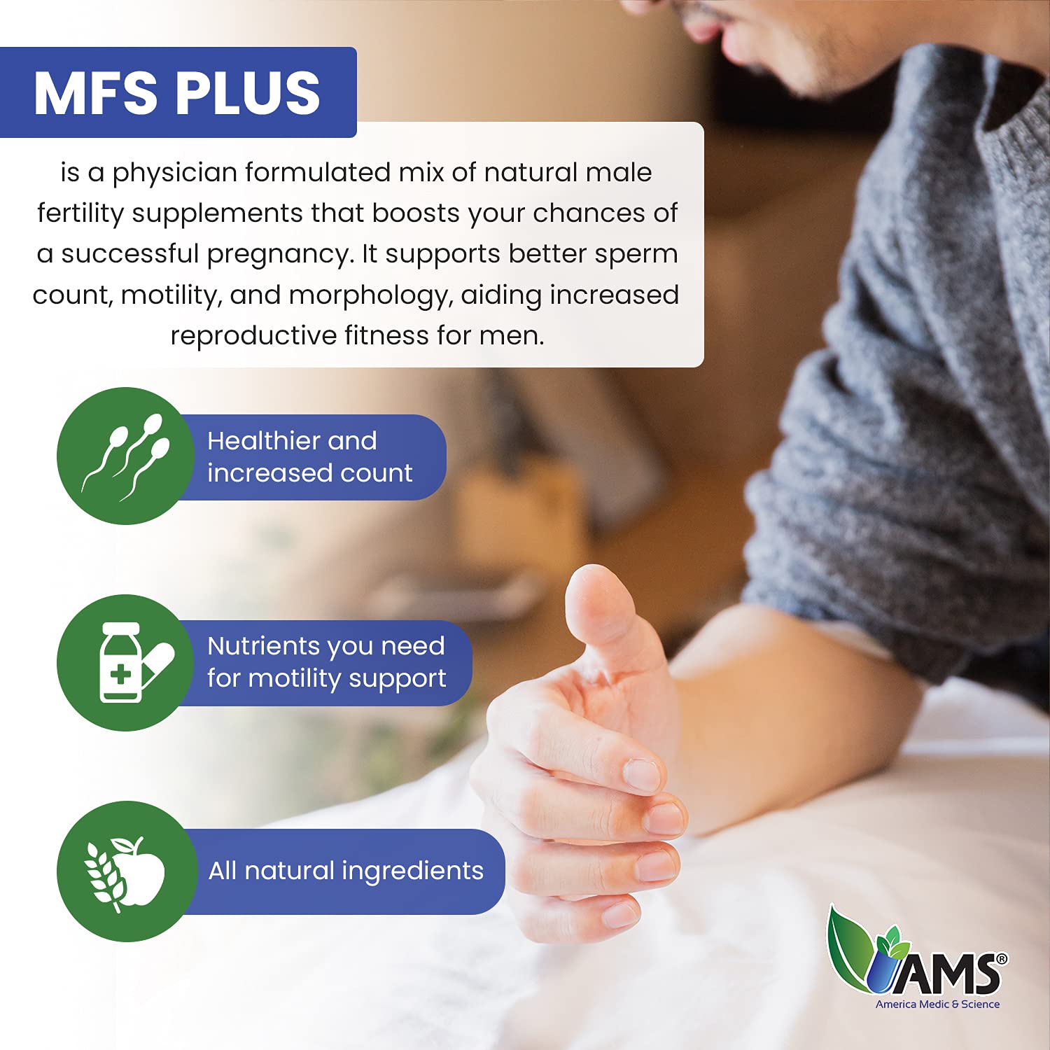 America Medic & Science MFS Plus daily dose near a glass of water for routine use.