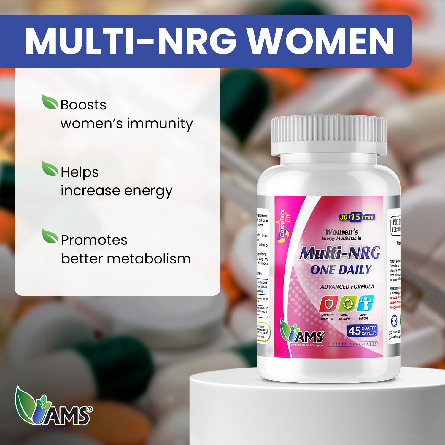 America Medic & Science multivitamins capsules closeup highlighting easy-swallow coating.