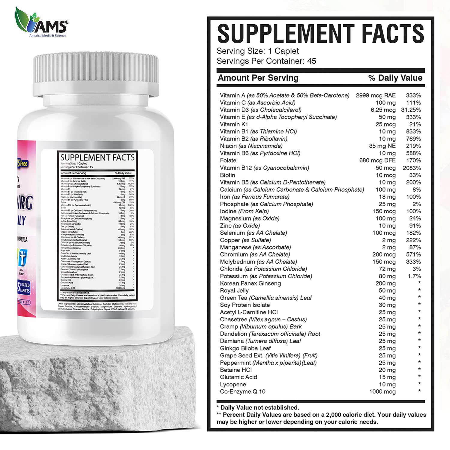 America Medic & Science multivitamins energy-support caplets for daily activity.