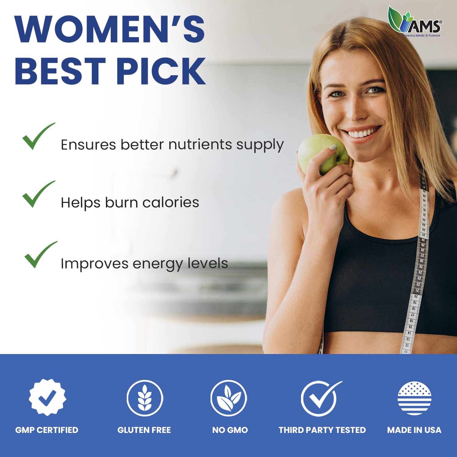 America Medic & Science multivitamins bottle shown with active user vitality.