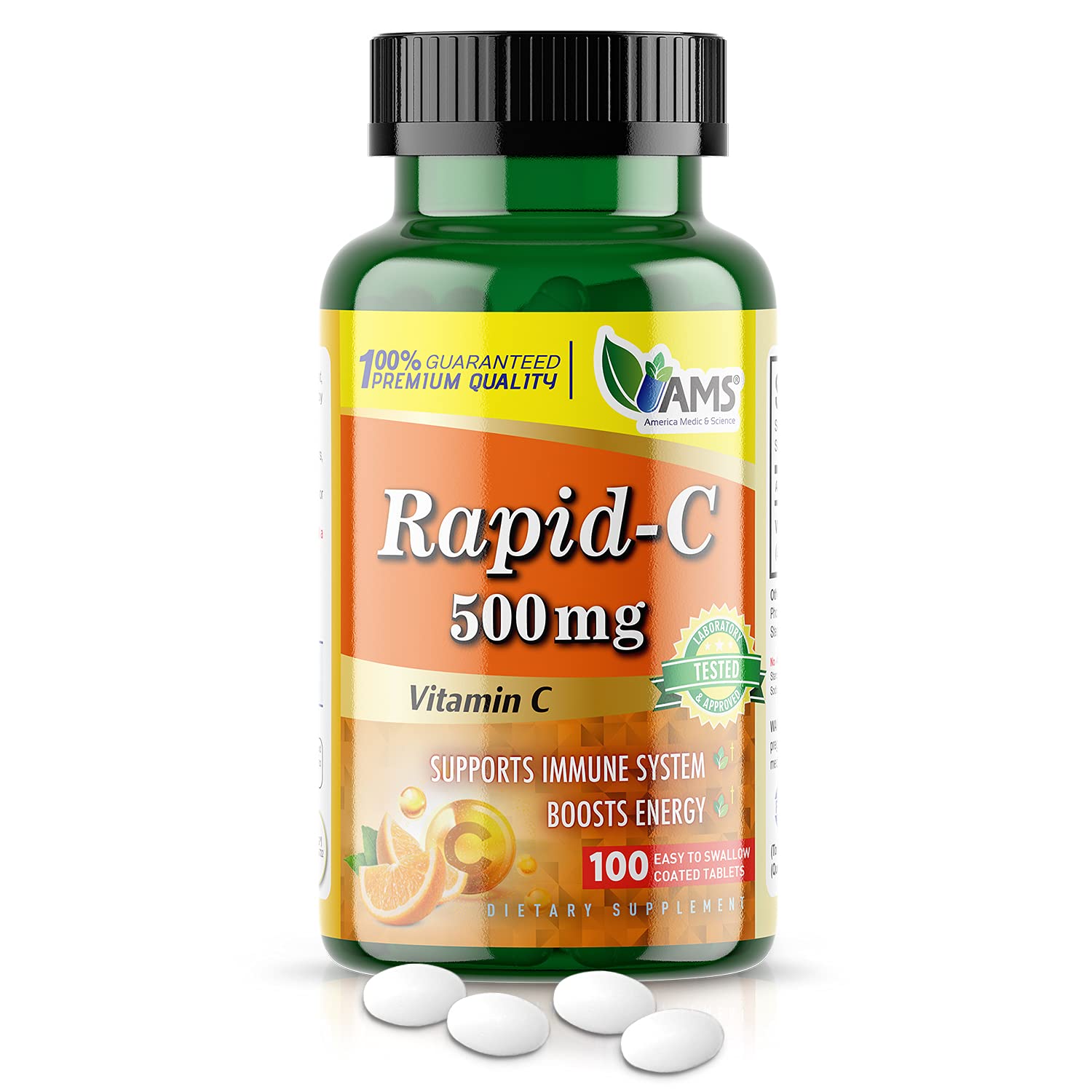 America Medic & Science Rapid-C 500mg bottle front for daily immune support.