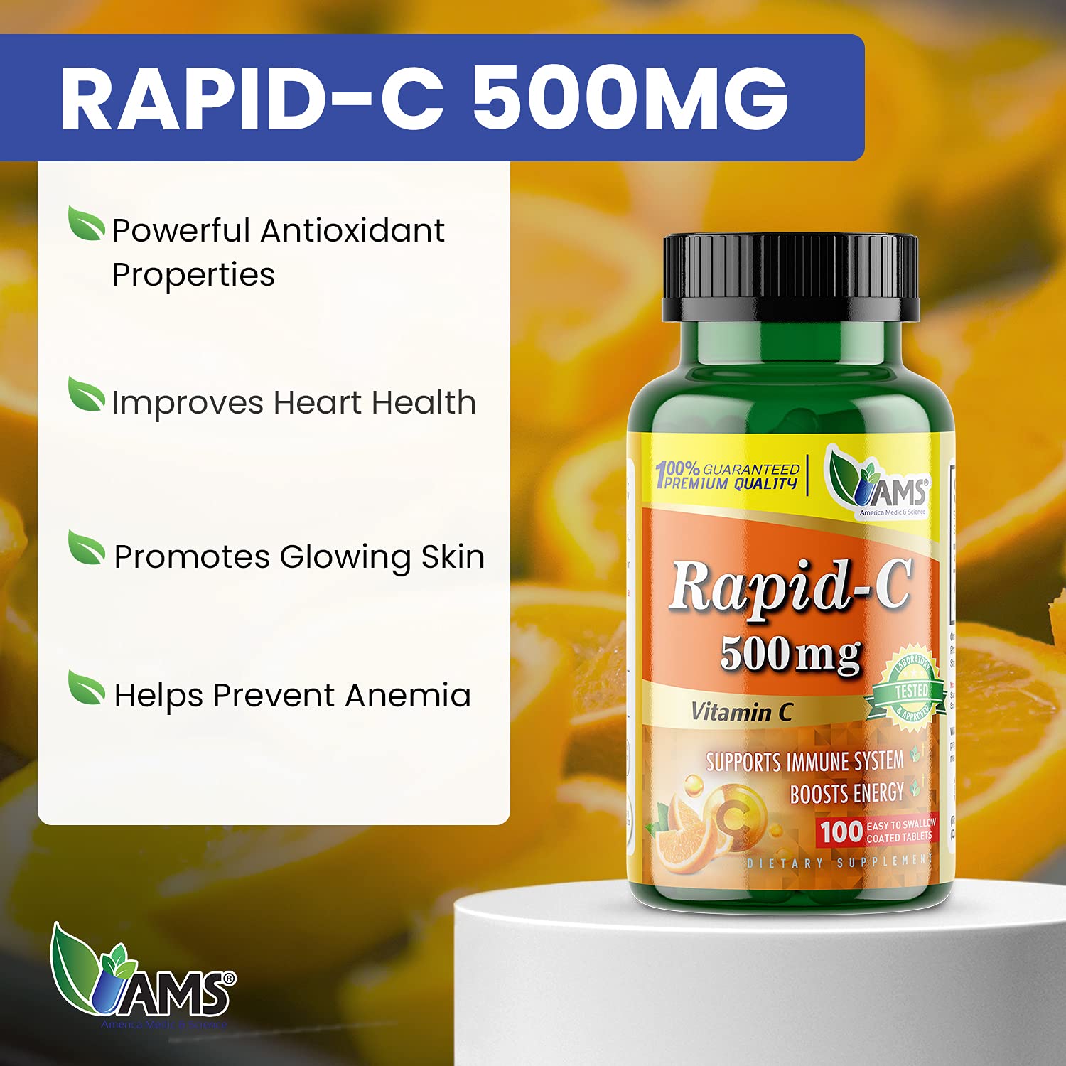 Closeup of Rapid-C 500mg tablets highlighting antioxidant potential.