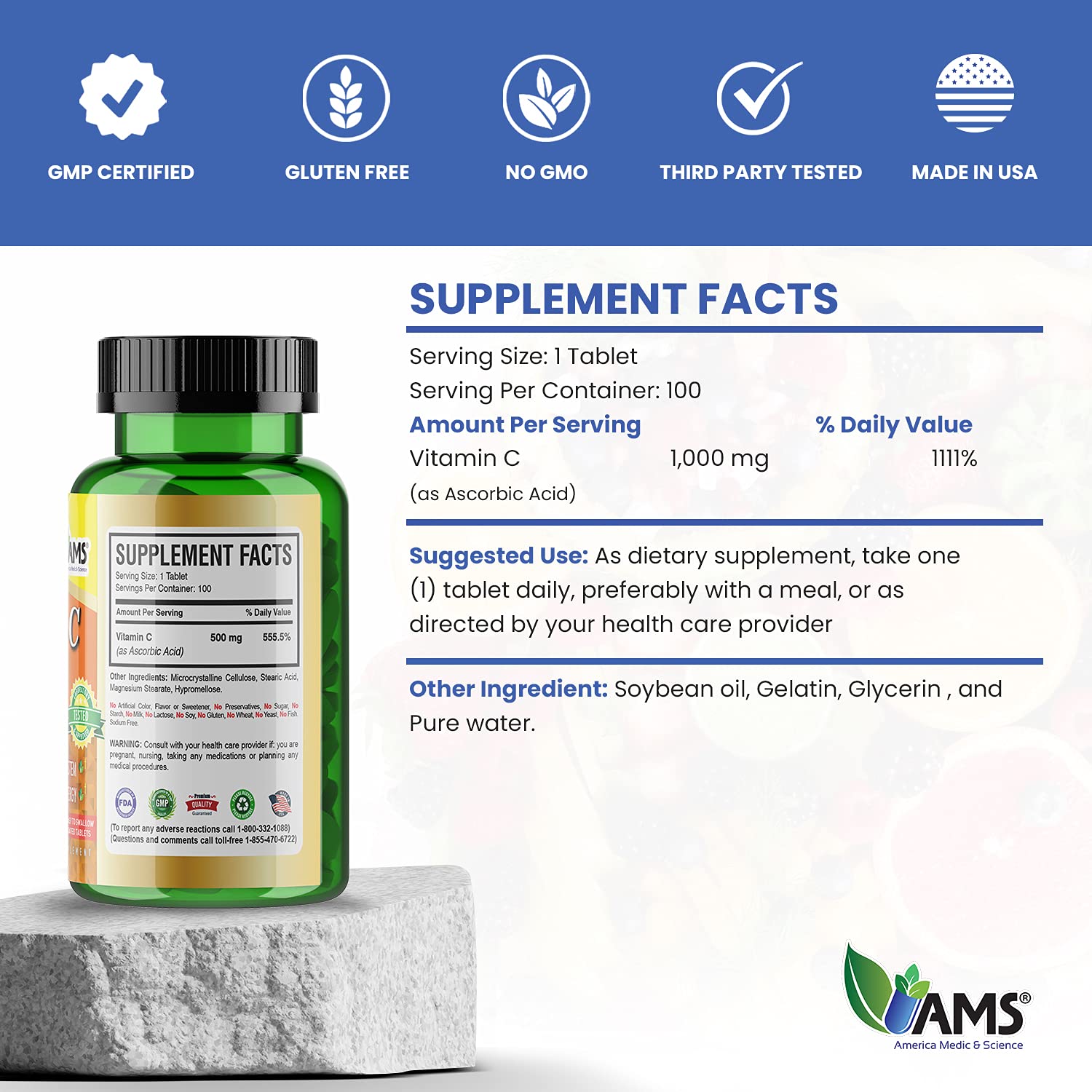 Ingredients label on Rapid-C highlighting natural ingredients.