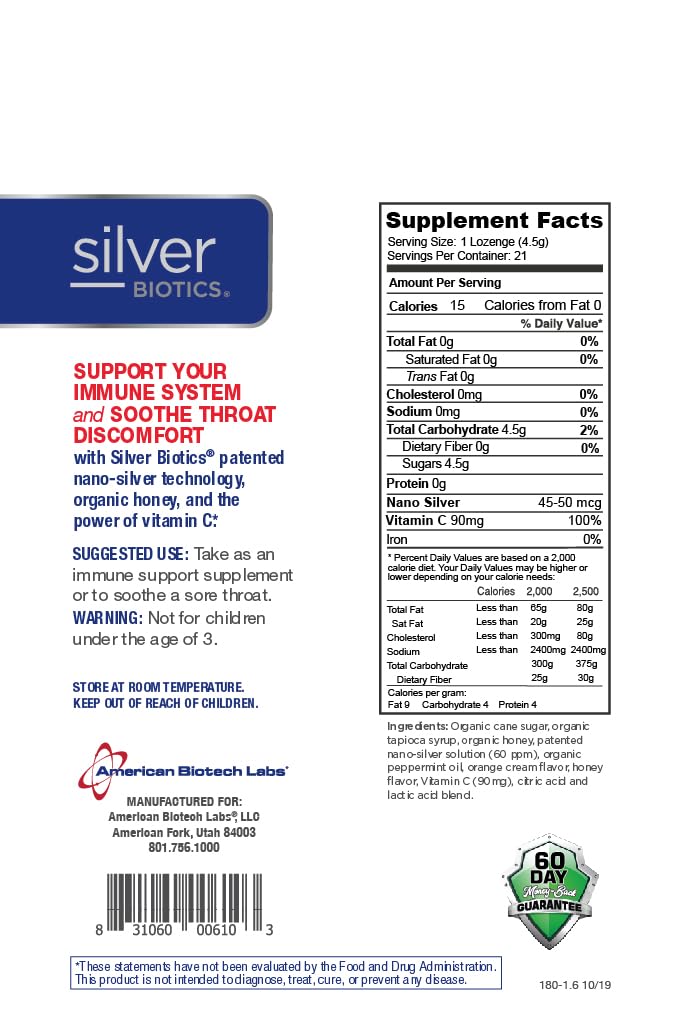 American Biotech Labs orange flavor lozenges with vitamin C label closeup for citrus boost