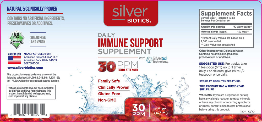 American Biotech Labs Silver Biotics bottle on kitchen counter for daily routine.