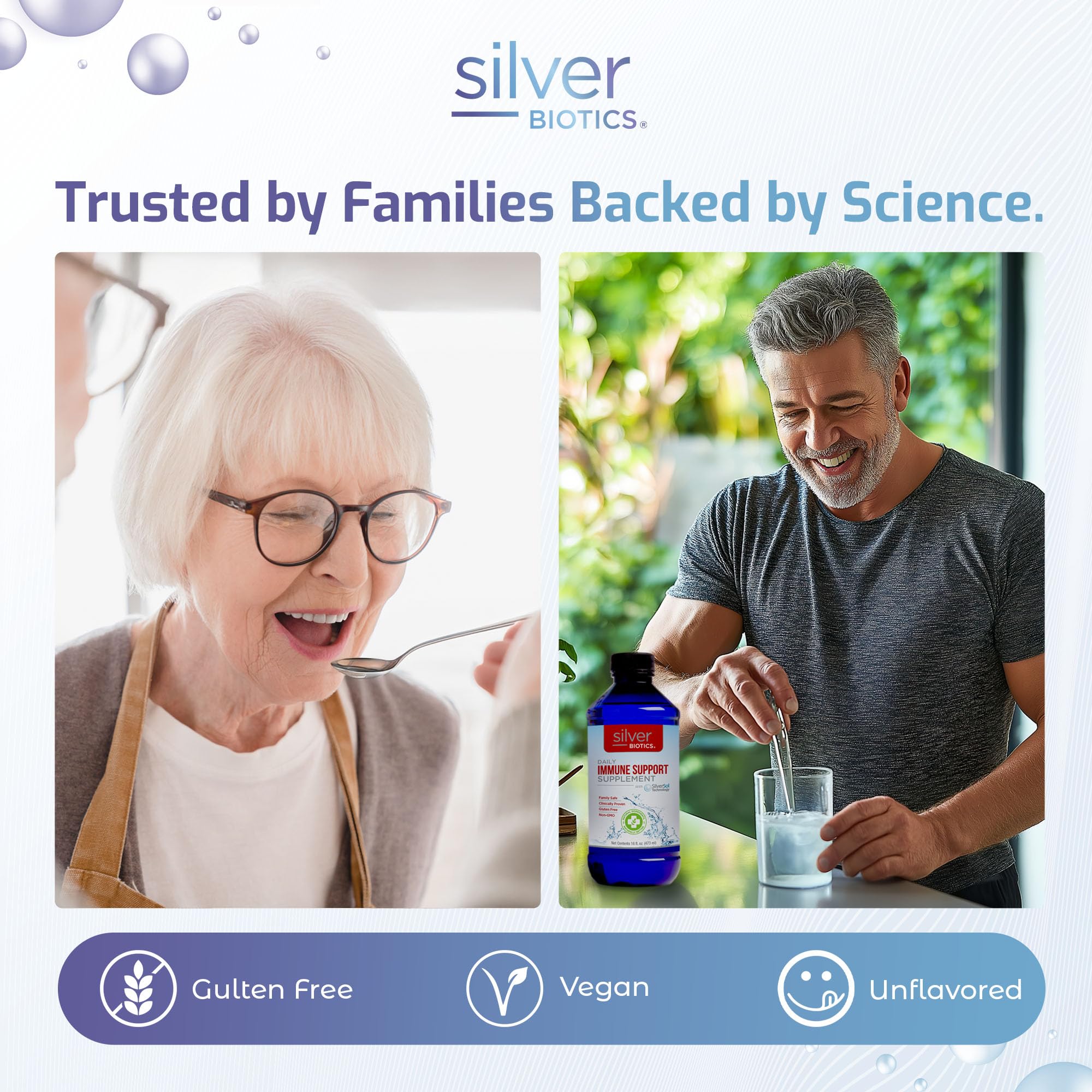 Dropper measuring a dose of Silver Biotics for daily supplementation.