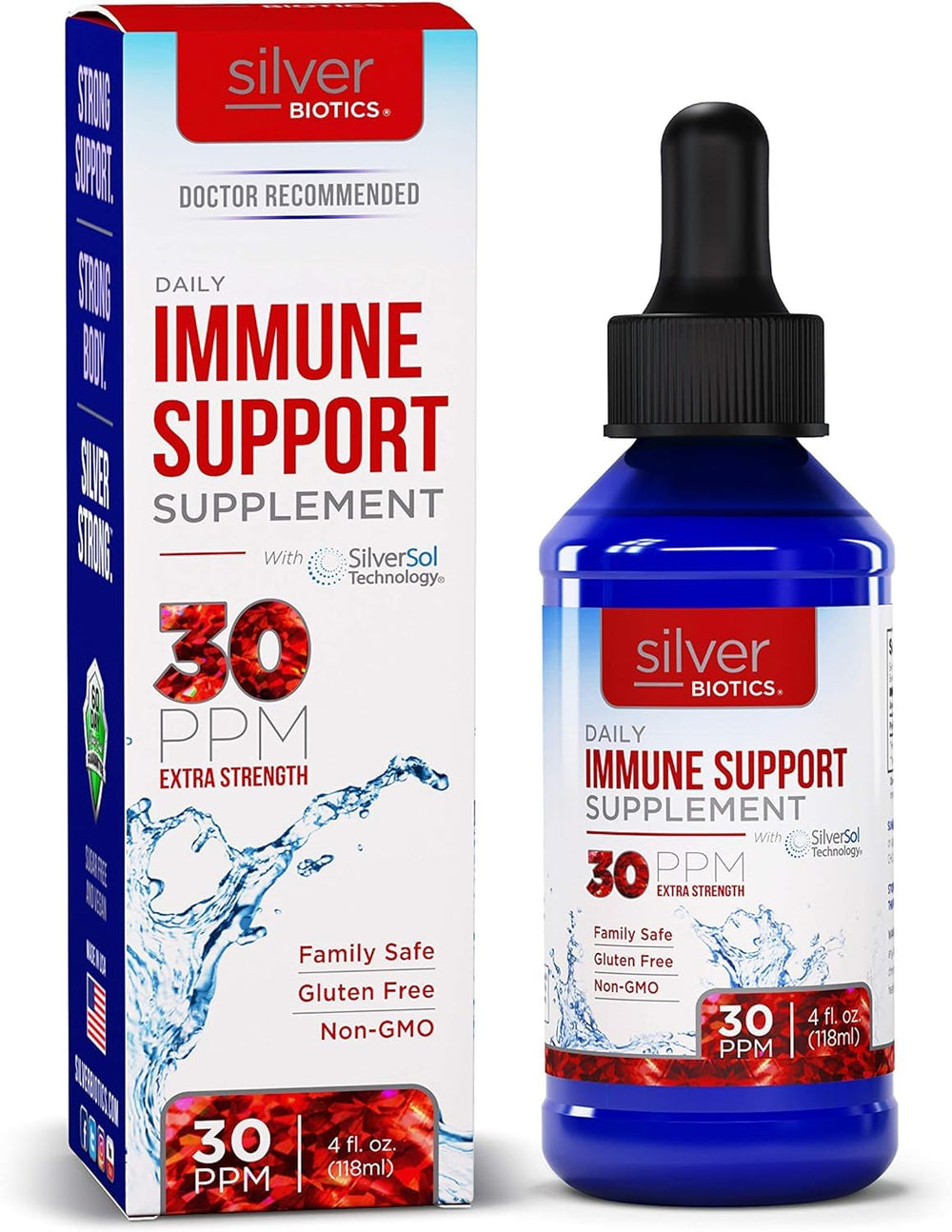 American Biotech Labs Silver Biotics Liquid 30 PPM bottle shows easy dosing for daily use