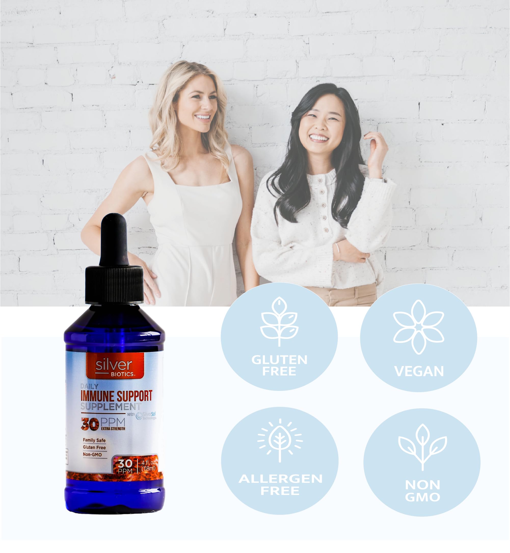 Packaging shot highlights vegan and gluten-free credentials for American Biotech Labs Silver Biotics Liquid