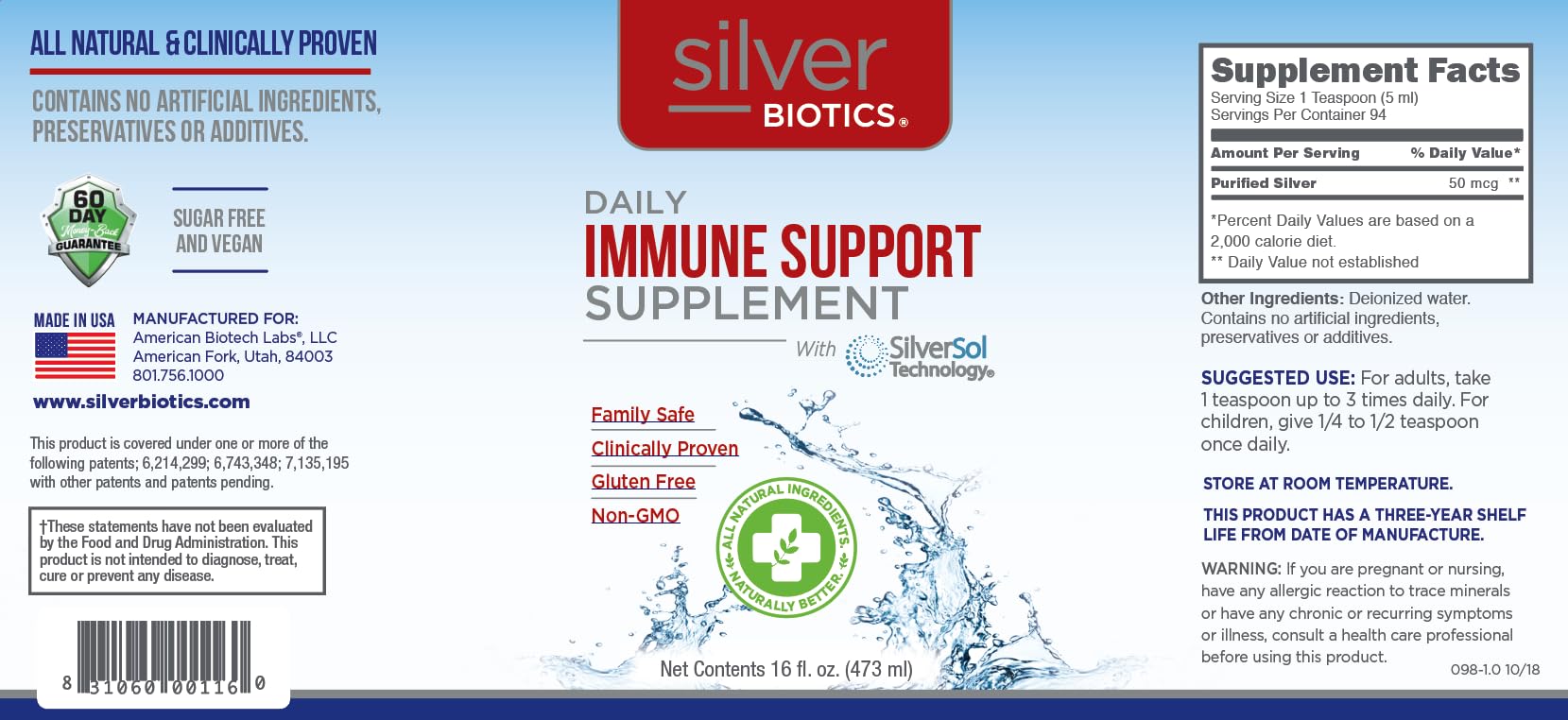 American Biotech Labs Silver Biotics bottle displayed on shelf for daily routine