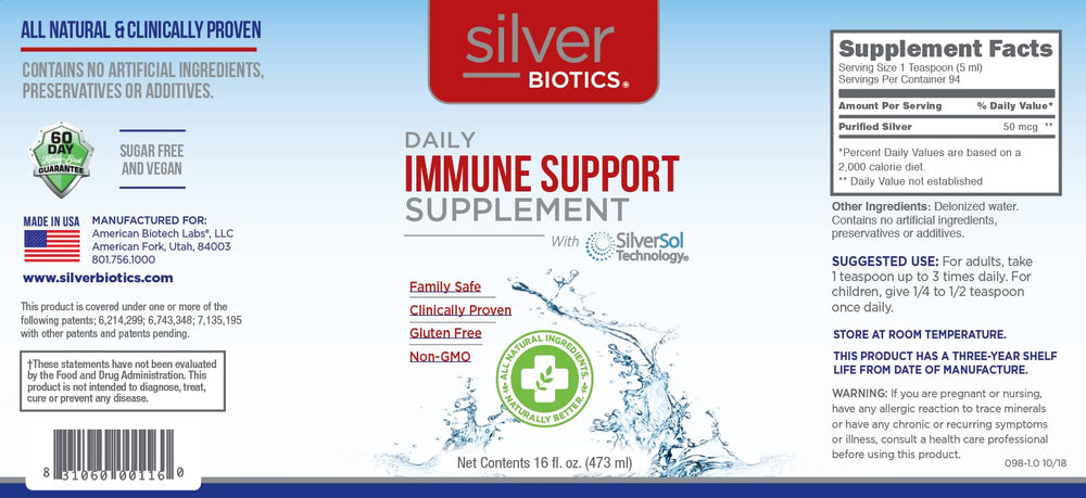 American Biotech Labs Silver Biotics bottle displayed on shelf for daily routine