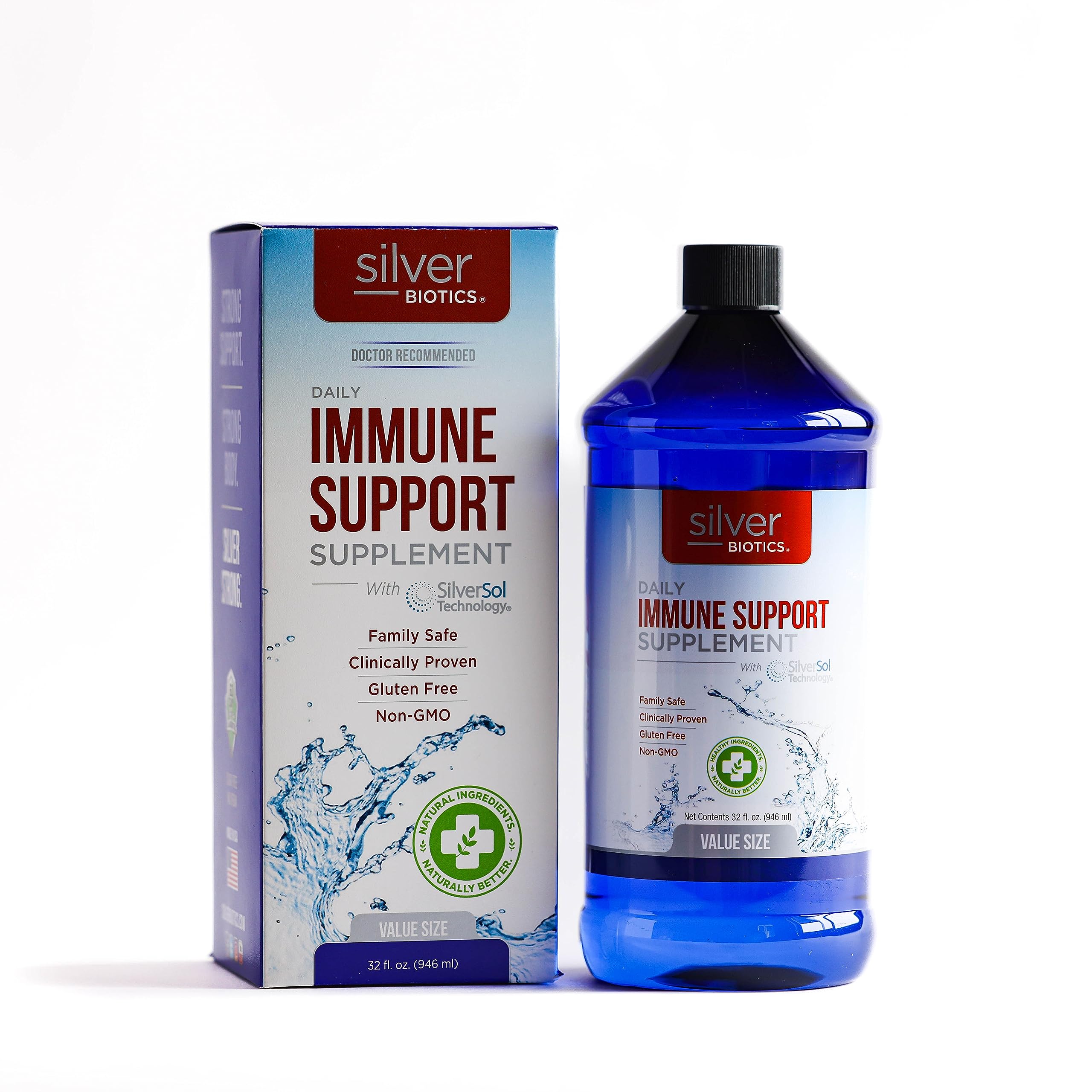 Science-style diagram of SilverSol linked to immune support.