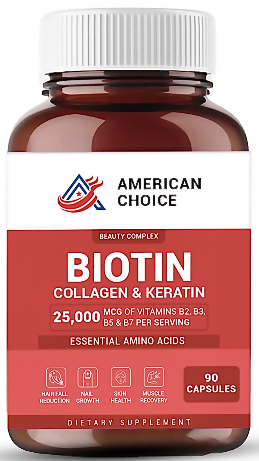 American Choice Biotin-Collagen-Keratin bottle emphasizes hair growth and skin vitality.