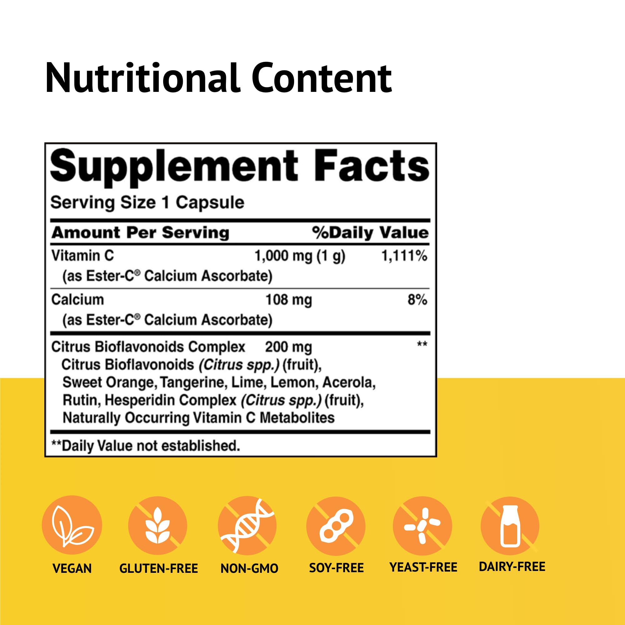 Label on Ester-C 1000 mg bottle highlights citrus bioflavonoids.