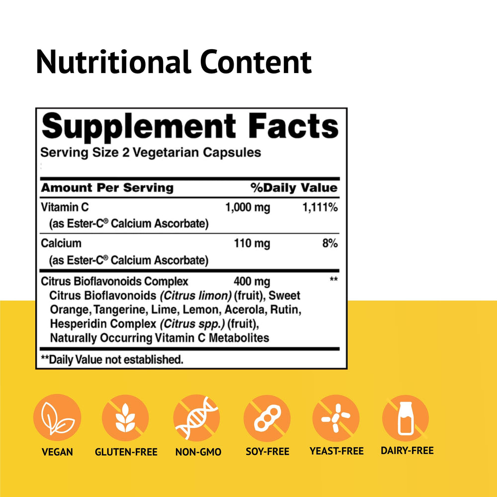 Close-up of Ester-C capsules highlighting citrus bioflavonoids enhancing absorption