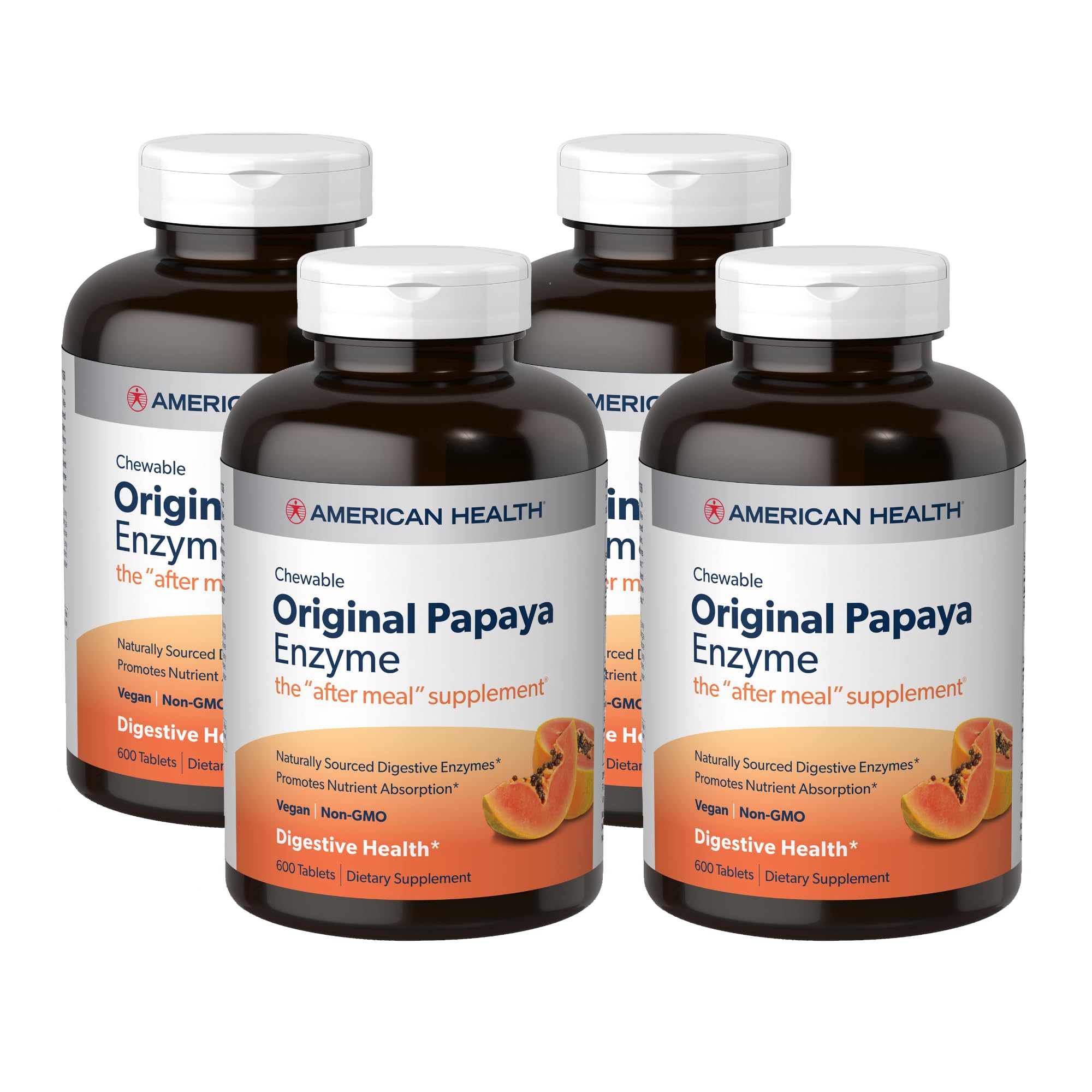 American Health Papaya Enzyme bottle close-up, suggesting after-meal digestive support