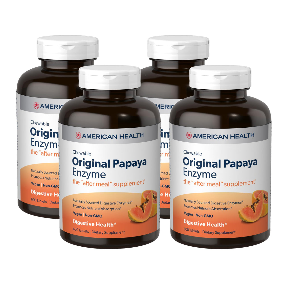 American Health Papaya Enzyme bottle close-up, suggesting after-meal digestive support