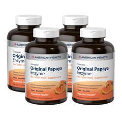 American Health Papaya Enzyme bottle close-up, suggesting after-meal digestive support