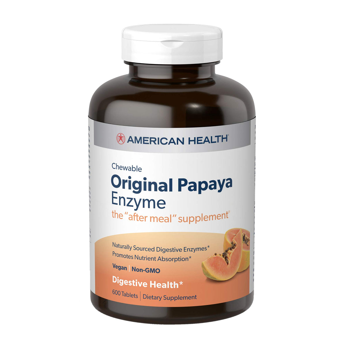 American Health papaya enzyme chewables bottle for convenient post-meal support