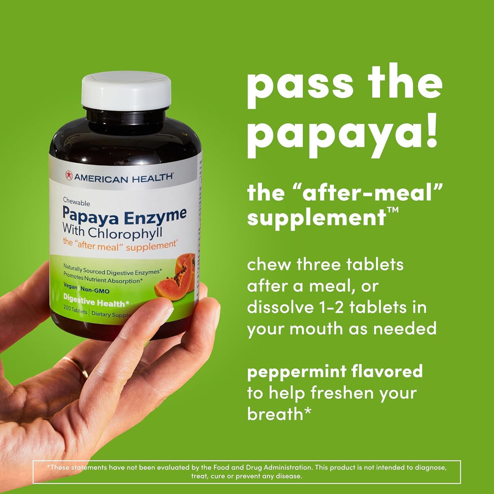 Ingredients panel highlights natural enzymes and chlorophyll in American Health Papaya Enzyme