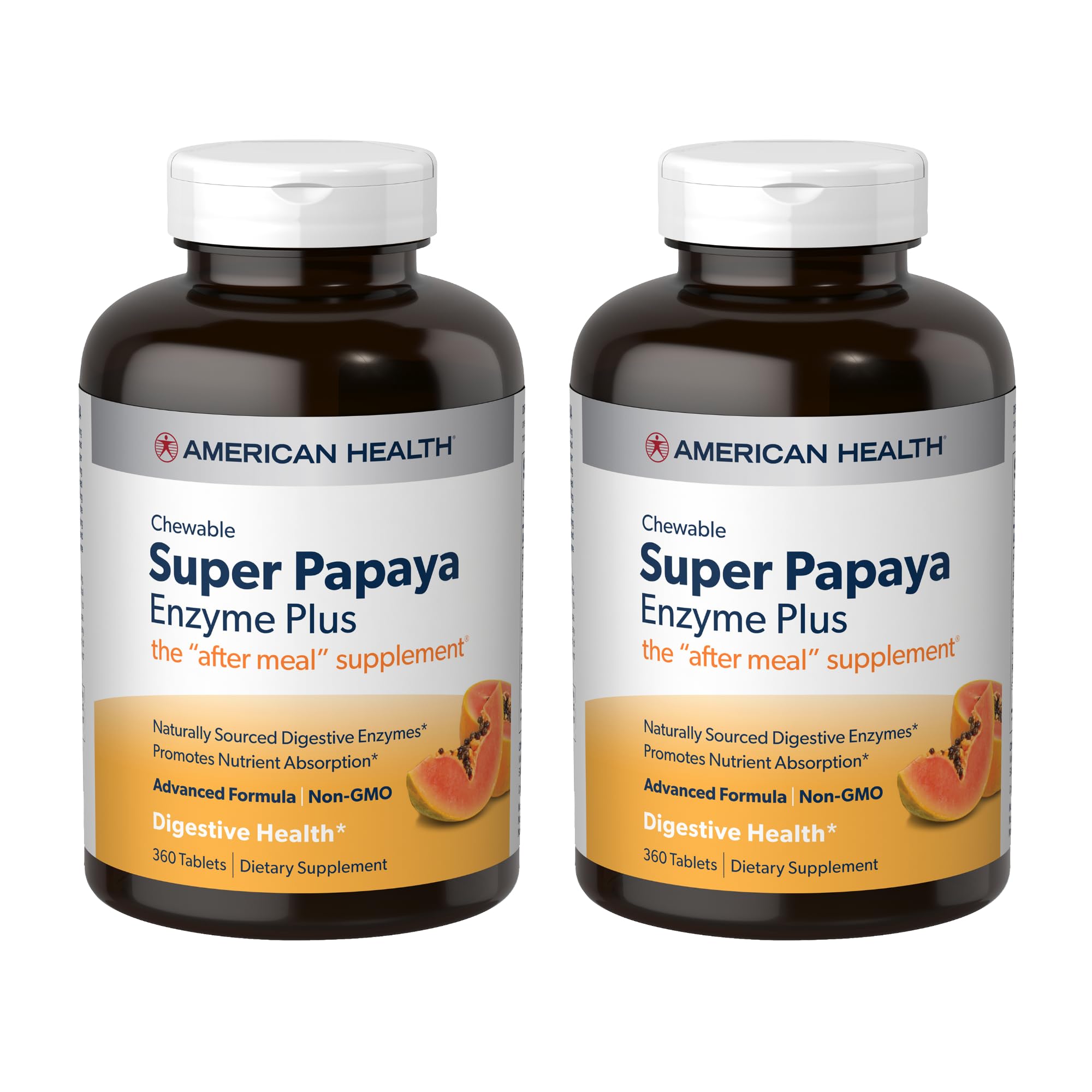 American Health Super Papaya Enzyme Plus bottle showing after-meal support with convenient chewables.