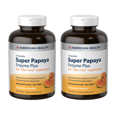 American Health Super Papaya Enzyme Plus bottle showing after-meal support with convenient chewables.