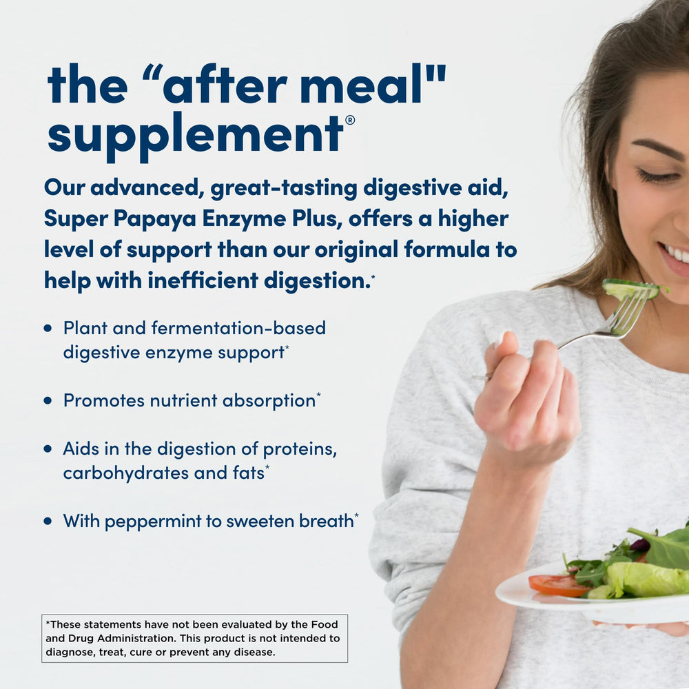 American Health Super Papaya Enzyme Plus ingredients image emphasizing natural papaya enzymes.
