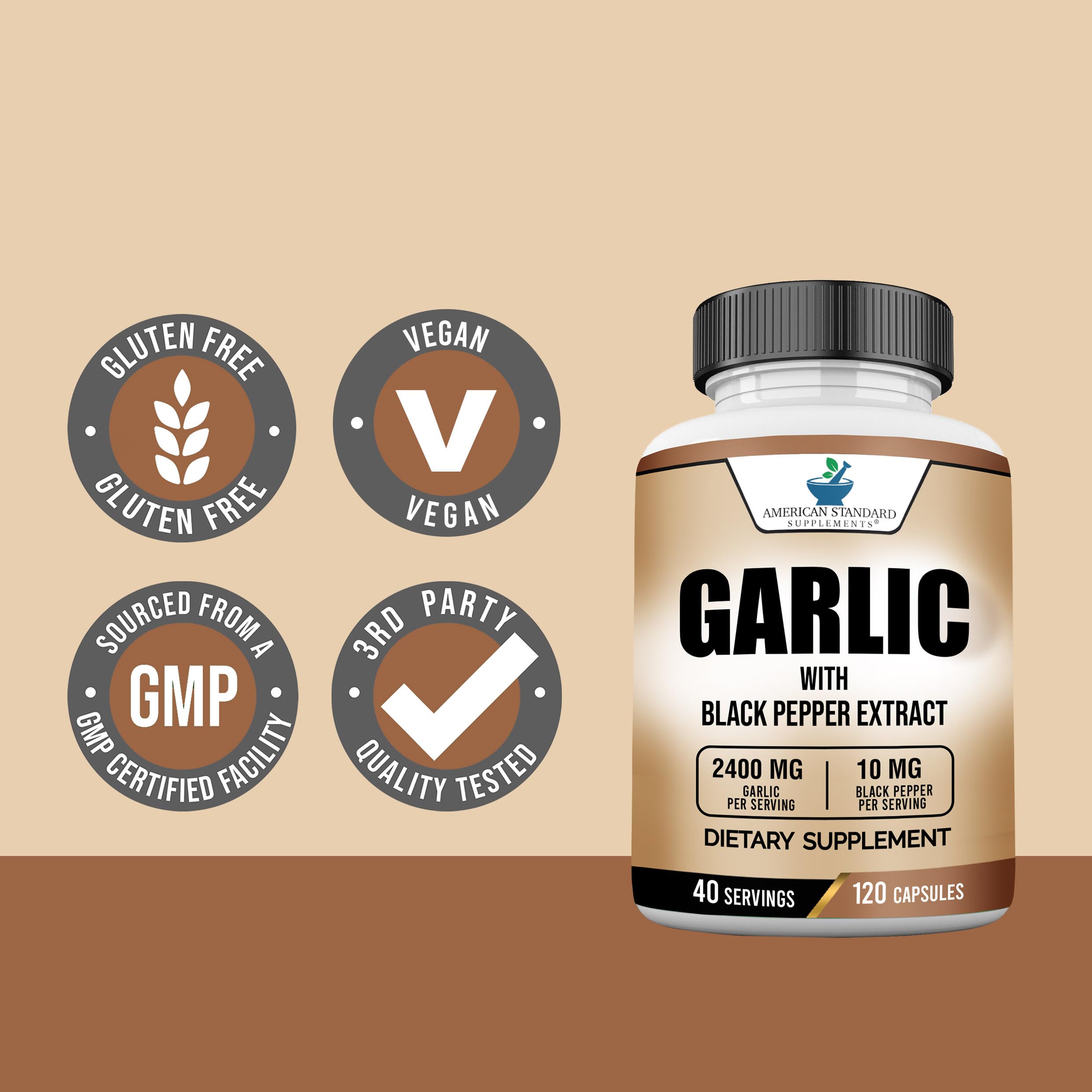 Non-GMO seal on American Standard Garlic bottle packaging.
