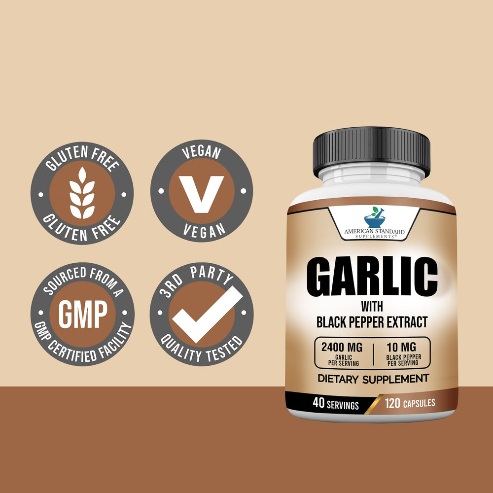 Non-GMO seal on American Standard Garlic bottle packaging.