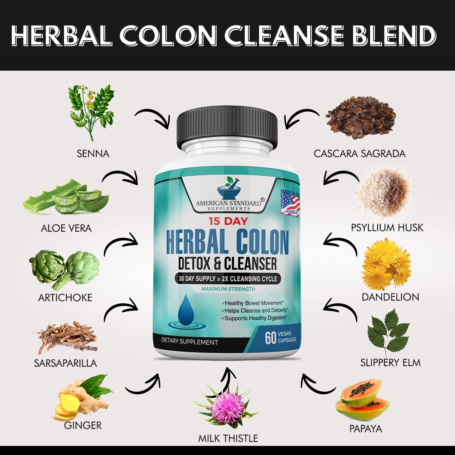 American Standard Colon Cleanse capsules provide vegetarian convenience for daily use