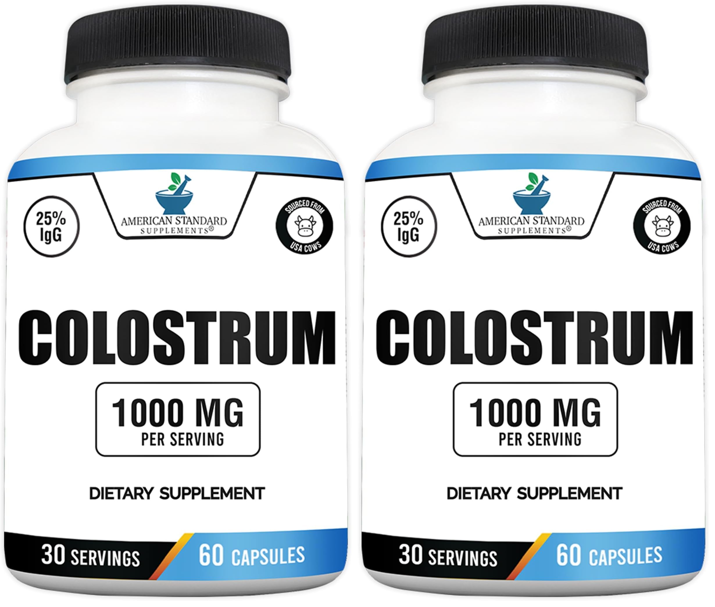 American Standard Colostrum Capsules bottle front, USA-sourced ingredients for daily immune support.