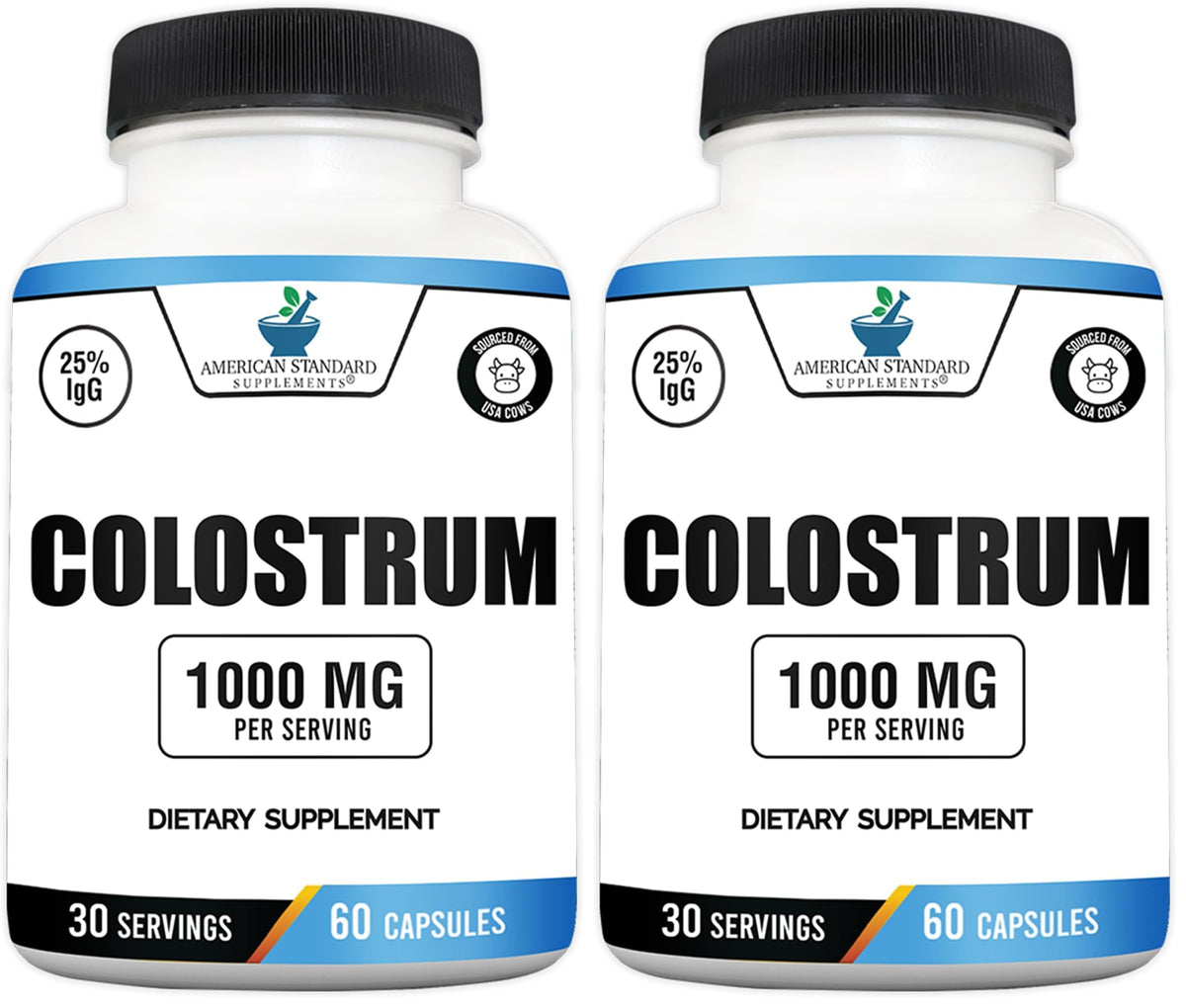 American Standard Colostrum Capsules bottle front, USA-sourced ingredients for daily immune support.
