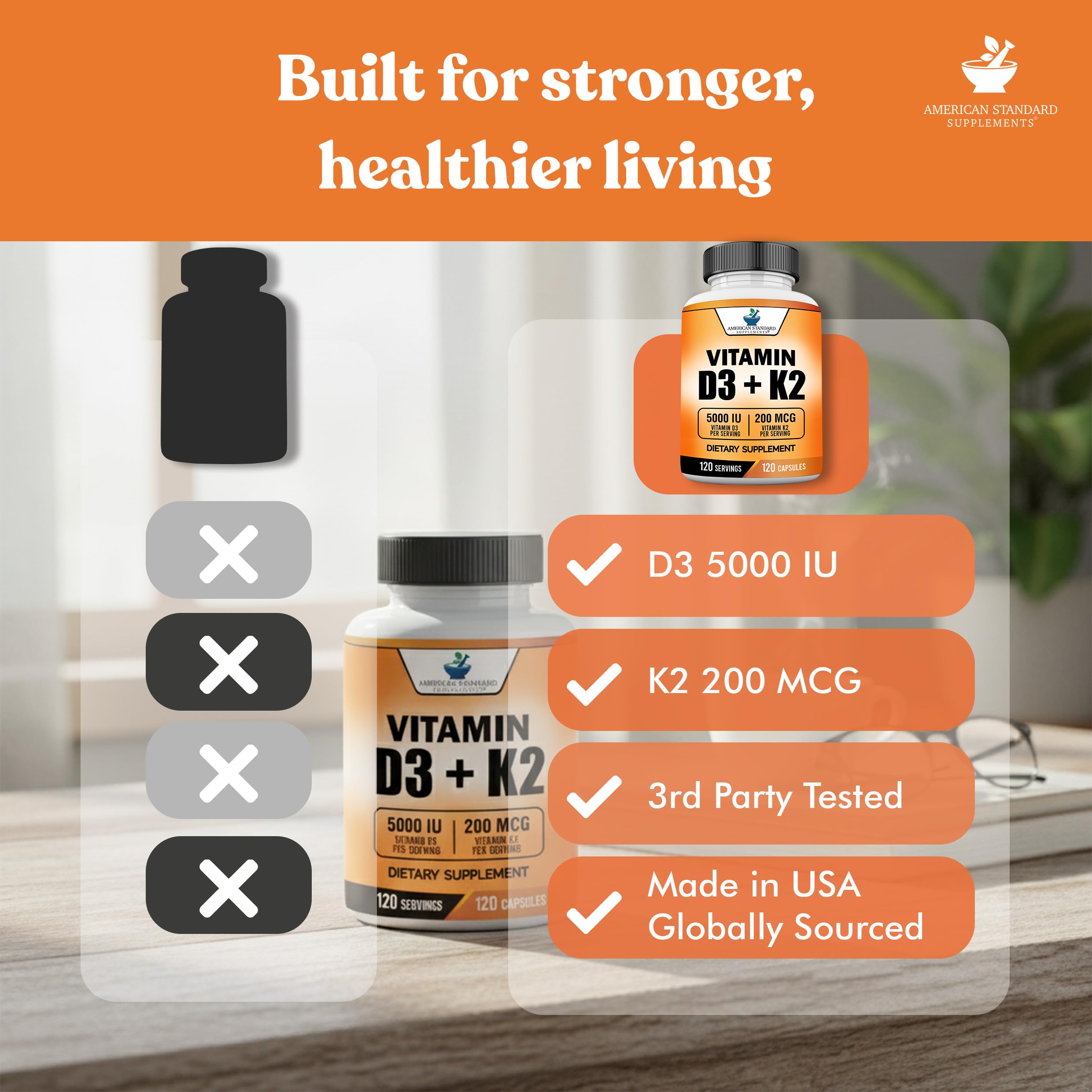 American Standard Supplements D3-K2 bottle with box packaging for gluten-free, non-GMO option.
