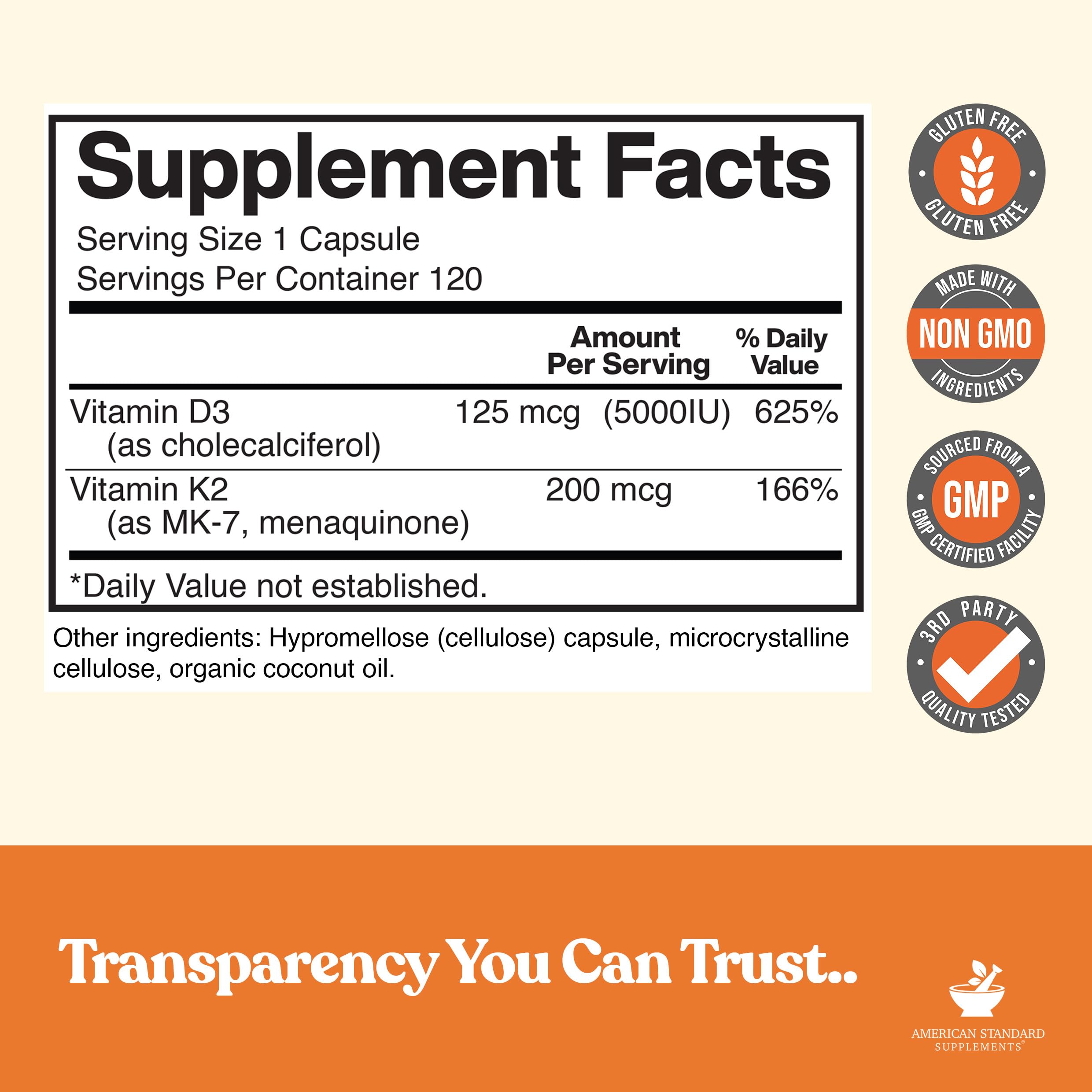 American Standard Supplements D3-K2 capsules-closeup for everyday wellness.
