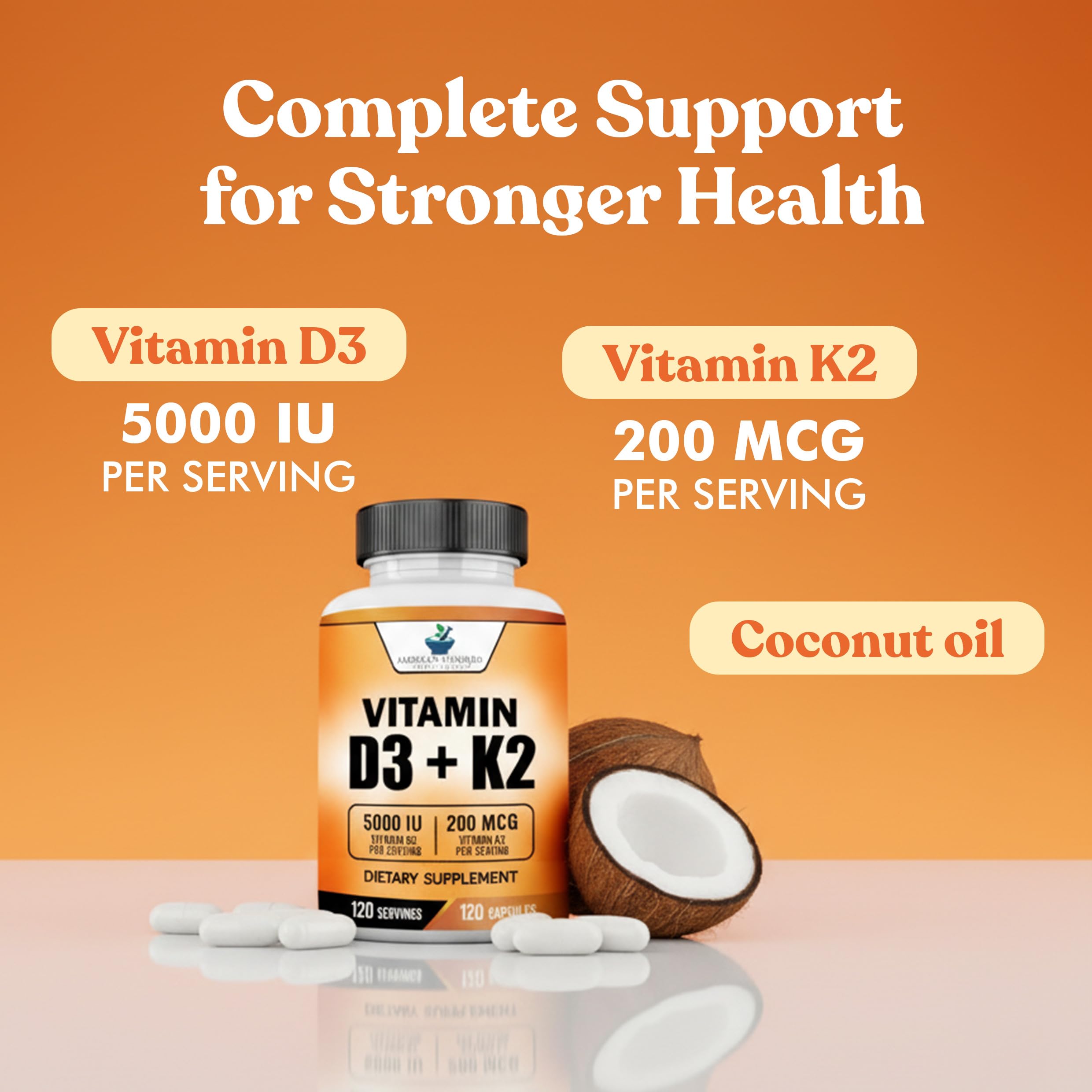 American Standard Supplements D3-K2 label-detail showing ingredients and purity.