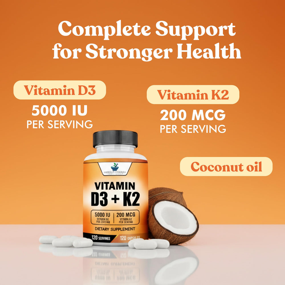 American Standard Supplements D3-K2 label-detail showing ingredients and purity.