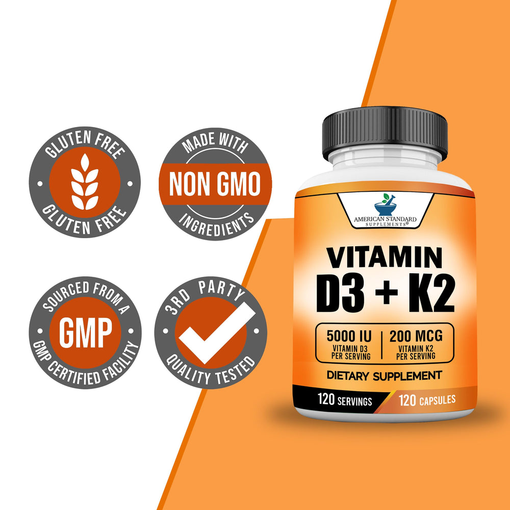 American Standard Supplements D3-K2 symbol showcasing gluten-free and non-GMO status.