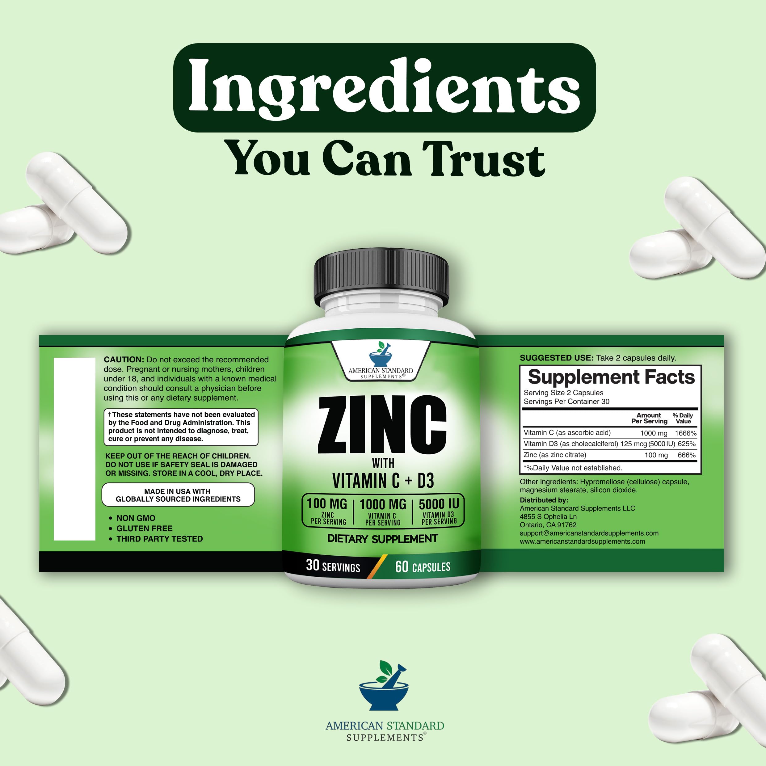 American Standard Supplements dosage card beside capsules for easy daily use.